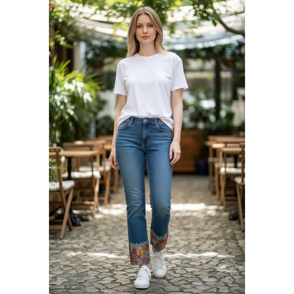 Driftwood Colette Floral Embroidered Raw Hem Straight Leg Jeans Blue Womens 14